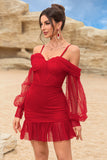 Corset Cold Shoulder Bodycon Red Cocktail Dress With Beading