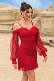 Corset Cold Shoulder Bodycon Red Cocktail Dress With Beading