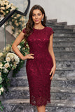 Burgundy Sheath Round Neck Lace Cocktail Dress
