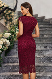 Burgundy Sheath Round Neck Lace Cocktail Dress