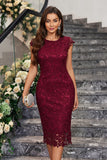 Burgundy Sheath Round Neck Lace Cocktail Dress