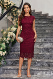 Burgundy Sheath Round Neck Lace Cocktail Dress