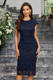 Burgundy Sheath Round Neck Lace Cocktail Dress