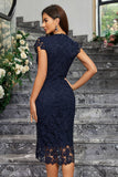 Burgundy Sheath Round Neck Lace Cocktail Dress