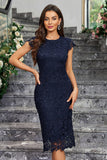 Burgundy Sheath Round Neck Lace Cocktail Dress