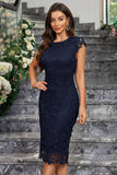 Burgundy Sheath Round Neck Lace Cocktail Dress