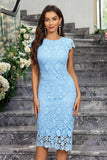 Burgundy Sheath Round Neck Lace Cocktail Dress