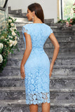 Burgundy Sheath Round Neck Lace Cocktail Dress