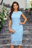 Burgundy Sheath Round Neck Lace Cocktail Dress