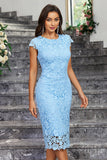 Burgundy Sheath Round Neck Lace Cocktail Dress