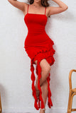Bodycon Red Satin Ruffled Cocktail Dress