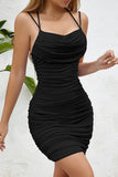 Black Satin Bodycon Ruched Short Cocktail Dress