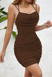 Black Satin Bodycon Ruched Short Cocktail Dress