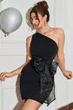 Black One Shoulder Bodycon Short Cocktail Dress With Bow