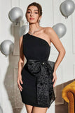Black One Shoulder Bodycon Short Cocktail Dress With Bow