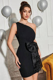 Black One Shoulder Bodycon Short Cocktail Dress With Bow