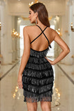 Sparkly Black Spaghetti Straps Short Cocktail Dress with Fringes
