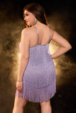 Hot Pink Sparkly Spaghetti Straps Short Plus Size Homecoming Dress with Fringes