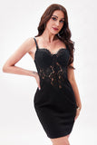 Black Spaghetti Straps Bodycon Short Cocktail Dress with Lace