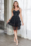 Sparkly Black Tulle Tiered Ruffled A Line Short Cocktail Dress with Beading