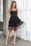 Sparkly Black Tulle Tiered Ruffled A Line Short Cocktail Dress with Beading