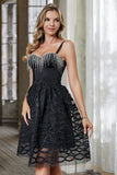 Sparkly Black Tulle Corset Fringed A Line Short Cocktail Dress