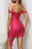 Hot Pink Sequins Sparkly Off the Shoulder Short Homecoming Dress