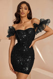 Sparkly Black Sequins Corset Tweed Ruffled Bodycon Short Cocktail Dress