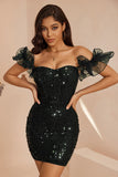 Sparkly Black Sequins Corset Tweed Ruffled Bodycon Short Cocktail Dress