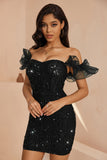 Sparkly Black Sequins Corset Tweed Ruffled Bodycon Short Cocktail Dress