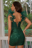 Sparkly Black Sequins Corset Tweed Ruffled Bodycon Short Cocktail Dress