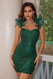 Sparkly Black Sequins Corset Tweed Ruffled Bodycon Short Cocktail Dress