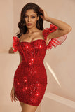 Sparkly Black Sequins Corset Tweed Ruffled Bodycon Short Cocktail Dress