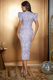 Lavender Floral Satin Puff Sleeves Long Cocktail Dress with Slit