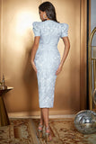 Lavender Floral Satin Puff Sleeves Long Cocktail Dress with Slit