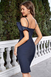 Navy Ruffled Bodycon Spaghetti Straps Short Cocktail Dress