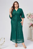 Sparkly Dark Green Sheath Long Mother of the Bride Dress with 3/4 Sleeves
