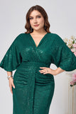 Sparkly Dark Green Sheath Long Mother of the Bride Dress with 3/4 Sleeves