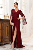 Burgundy Lace Mermaid Long Sleeves Mother of the Bride Dress with Slit
