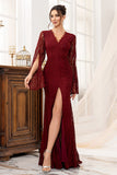 Burgundy Lace Mermaid Long Sleeves Mother of the Bride Dress with Slit