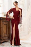 Burgundy Lace Mermaid Long Sleeves Mother of the Bride Dress with Slit