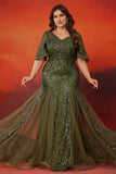 Sparkly Olive Tulle Mermaid Long Mother of the Bride Dress with Sequins