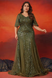 Sparkly Olive Tulle Mermaid Long Mother of the Bride Dress with Sequins