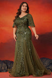 Sparkly Olive Tulle Mermaid Long Mother of the Bride Dress with Sequins