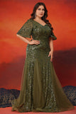 Sparkly Olive Tulle Mermaid Long Mother of the Bride Dress with Sequins