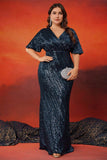 Sparkly Navy Sequins Half Sleeves Mermaid Plus Size Long Mother Of The Bride Dress