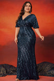Sparkly Navy Sequins Half Sleeves Mermaid Plus Size Long Mother Of The Bride Dress