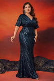 Sparkly Navy Sequins Half Sleeves Mermaid Plus Size Long Mother Of The Bride Dress