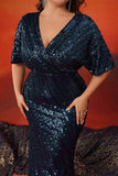 Sparkly Navy Sequins Half Sleeves Mermaid Plus Size Long Mother Of The Bride Dress