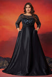 Black Satin A Line 3/4 Sleeves Plus Size Mother Of The Bride Dress